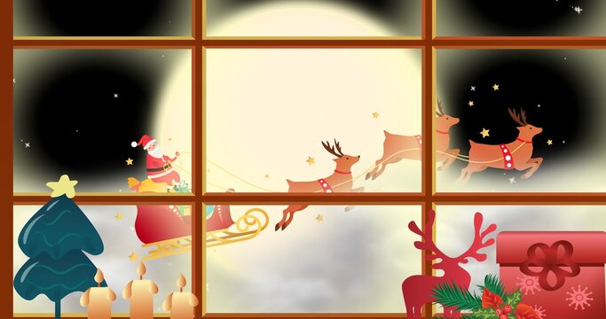 Digitally generated image of santa sleigh seen through window during winter night, copy space