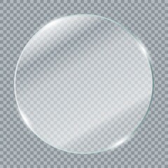 Transparent glass plates. Realistic transparent glass window in round frame. Vector illustration