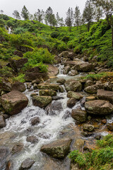 Fototapeta na wymiar Piękny krajobraz, wodospad pośród zielonych gór i pól herbaty.