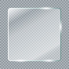 Transparent glass plates. Realistic transparent glass window in rectangle frame. Vector illustration