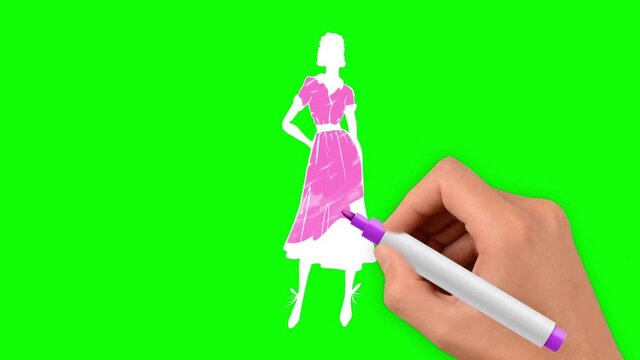 Beautiful young girl photo-model in a gray dress is hand-drawn on a green background.