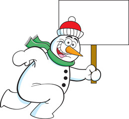 Cartoon illustration of a snowman wearing a stocking cap and a scarf running while holding a sign.