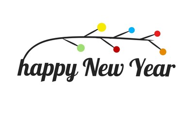 Black Happy New Year brush lettering text with light bulb on white background