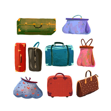 Set of Cartoon bags and suitcases. Vector illustration
