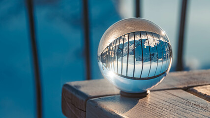 Crystal ball alpine summer landscape shot at the famous Zugspitze summit, top of germany, near...