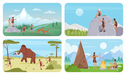 Wild survival scenes with primitive people of prehistory ages set vector illustration. Cartoon caveman family cook meat on fire, tribe characters hunting animals, paleolithic era education background