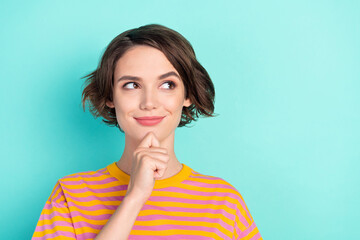 Portrait of attractive minded brown-haired girl overthinking copy empty space isolated over bright teal turquoise color background