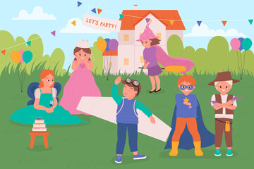 Cute kids on carnival party vector illustration. Cartoon children group of characters wearing masquerade costumes, girls in princess dress, witch with broom, cowboy and superhero boy have fun outdoor