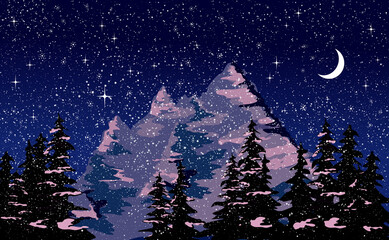 landscape with mountains and trees winter, background with trees, new year wallpapers silhouettes of trees with stars