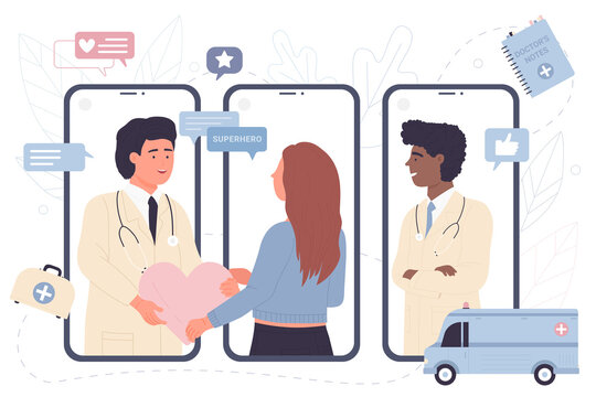 Doctor cardiologist and patient holding heart vector illustration. Cartoon people on medical checkup for cardiac diseases on screens of mobile phones, therapy and diagnostics. Cardiology concept