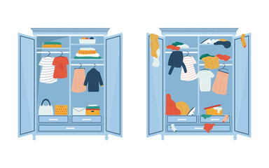 Vector illustrations with two wardrobes. One with neat, well arranged clothes inside and the second with messy, disordered clothing.