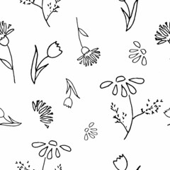 Seamless vector background with hand drawn flowers, leaves. Graphic monochrome black and white design.