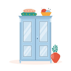 Vector illustration of a closed wardrobe and belongings on it.