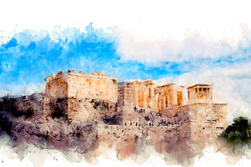 Watercolor drawing. View of the Acropolis hill in Athens, Greece