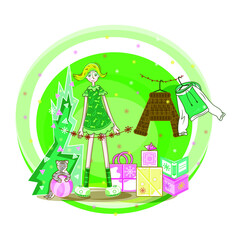 A funny girl dressed in green clothes standing near Christmas tree and New Year presents, vector New Year card mainly painted in green colors imaging smiling girl and cat and New Year attributes.