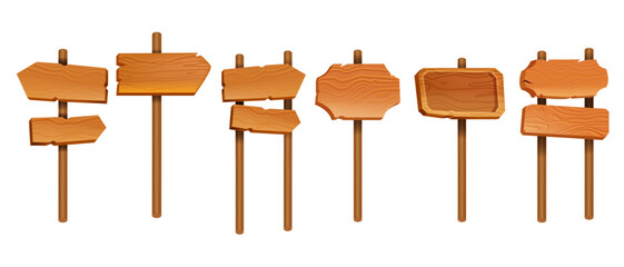 Wooden vector plank sign board set, UI game timber texture menu arrow panels isolated on white. Cartoon western road information empty pointer kit, announcement frame design element. Wooden sign