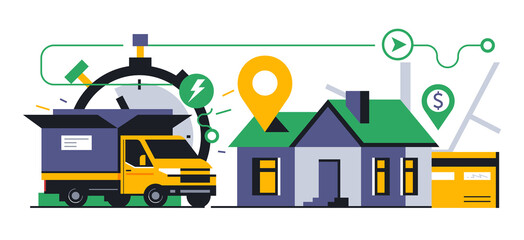 Online parcel delivery service to your home. Lorry with open box cargo. Map, address, street, home, route, bank card, gps, stopwatch. Vector illustration