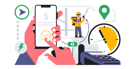 Online food delivery service to your home. The courier accepted the food delivery order via the mobile application. The payment was successful. Hand holding phone, app, pay, map. Vector illustration