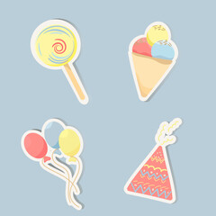 Elements for greeting cards, for newborns or children and adults vector graphics of lollipop, ice cream, balloons, hat.