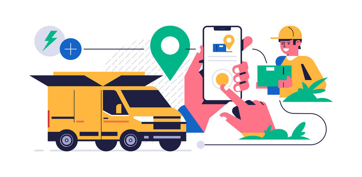Online parcel delivery service concept. Mobile app concept. Hand holding phone with parcel delivery application on display. Truck in the form of a courier box. Courier, box. Flat vector illustration