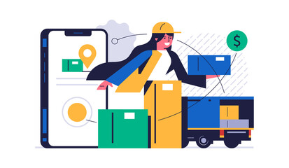 Online parcel delivery service concept. Mobile app concept. Phone with parcel delivery app on display. Happy girl courier with order box. Courier truck with boxes of orders. Flat vector illustration
