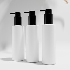 three cosmetic bottles isolated with black cap on white background 3f render