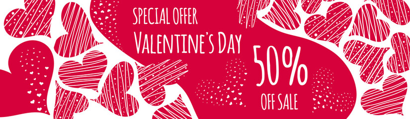 Obraz premium Valentine's Day Sale. Banner or poster with many pink hearts. Hand drawn vector illustration, EPS10.