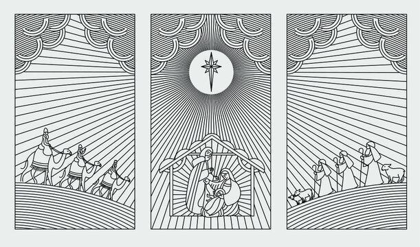Linear drawing on a Christian theme on a white background. Church, bible, candles.