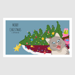 Merry Christmas greeting card with naughty cat