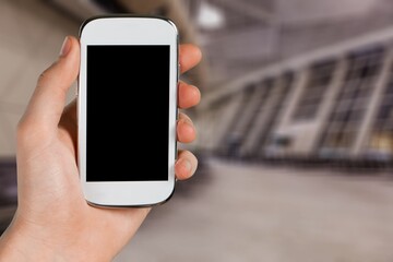 Traveler hands show blank screen phone at airport, vaccinated of coronavirus covid-19