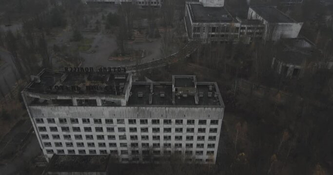 Aerial view of Hotel Polissya of Pripyat near the Chernobyl nuclear power plant in Chernobyl exclusion zone. Ukraine. Ghost city after disaster