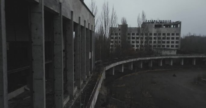 Ghost city Pripyat in fog, Chernobyl nuclear radiation catastrophe