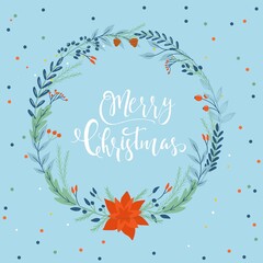 Seasons greatings wreath with floral. Flowers, branches and pine cones. Unique design for your greeting cards, banners, flyers. Vector illustration in modern style.