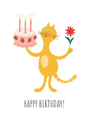Happy Birthday card. Cute cat with cake and flower. Three year old birthday	

