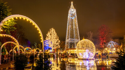 Aarhus, Denmark; December 5, 2021 - Christmas decorations light up in a park, Jutland, Denmark

