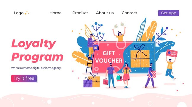 Loyalty program landing page template. Promotion of online shop bonus or reward. Modern flat vector illustration for advertisement. Seasonal discount website sale banner with people