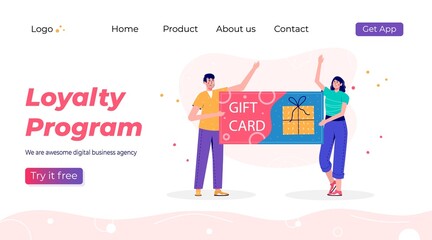 Loyalty program landing page template. Promotion of online shop bonus or reward. Modern flat vector illustration for advertisement. Seasonal discount website sale banner with people