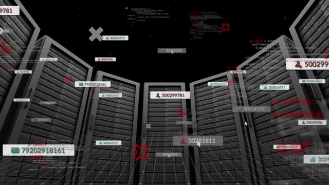Animation of data processing and media icons over server room