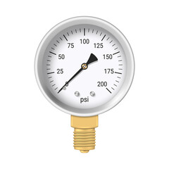 Realistic pressure gauge with brass fitting isolated on white background. Pressure measurement tool. Vector illustration.	