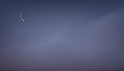 Islamic Crescent Moon with misty dark blue sky,Vector Beautiful night time with moon,star and Sky for religions symbolic of Muslim for Ramadan Kareem, Eid Mubarak,Eid al-Adha, Eid al fitr - Powered by Adobe