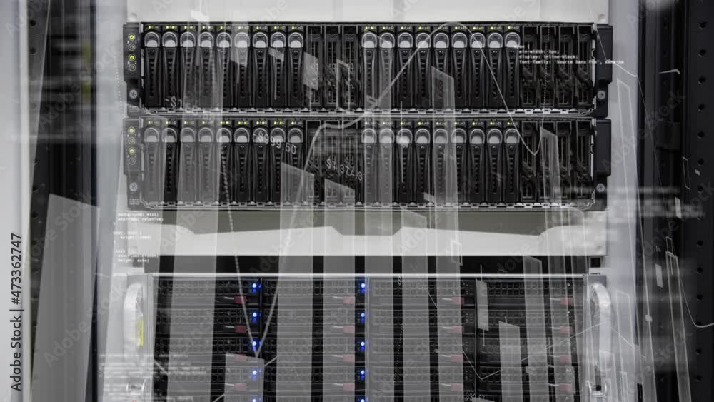 Poster animation of data processing and diagrams over server room