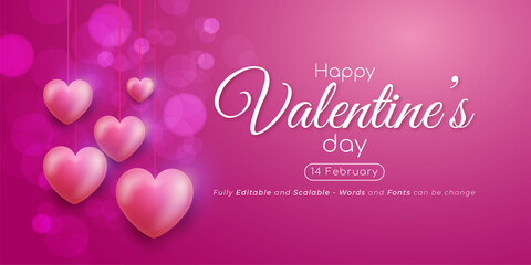 Realistic valentine's day banner with 3d heart icon decoration hanging on background in pink shades