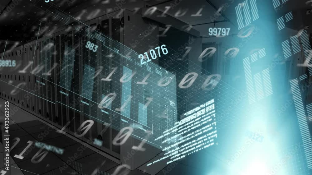 Poster animation of data processing and binary coding over server room