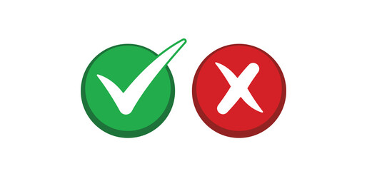 Check mark choice icons. Tick and x, confirm and deny circle icon button. Checkbox button for choose, circle answer box for checklist, approval sign. © Matias