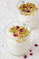 Fototapeta na wymiar Sahlab drink is a Middle Eastern sweet milk pudding 