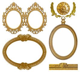 Set of golden frames for paintings, mirrors or photo isolated on white background