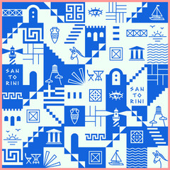 Greek pattern, square icons, set of traditional symbols of Greece. Blue collection of cultural signs. Minimalistic style - simple shapes, fills, lines. Nice for covers, cards, web, touristic promotion