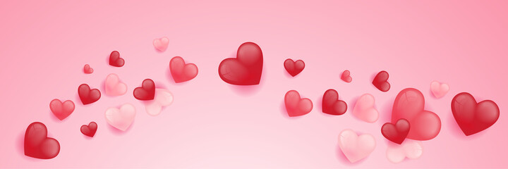 Red, pink and white hearts with golden confetti isolated on clouds background. Vector illustration. Paper cut decorations for Valentine's day design