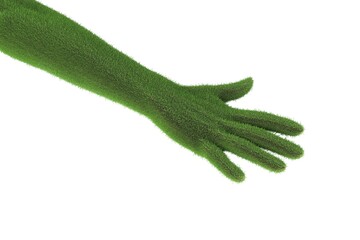 Gaia hand cover by grass, mother nature concept. Hand reaching. empty. 3D rendering. full of grass or made of green field. Eco-friendly and sustainable message. good for text and slide.
