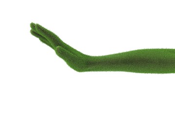 Gaia hand cover by grass, mother nature concept. Hand reaching. empty. 3D rendering. full of grass or made of green field. Eco-friendly and sustainable message. good for text and slide.
